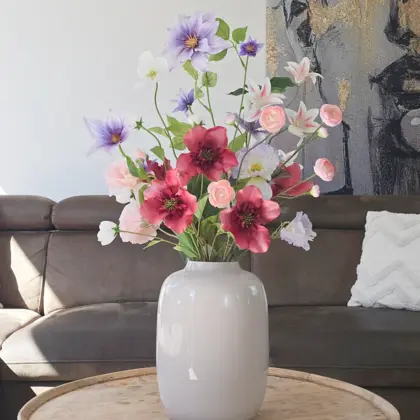 Zijden boeket met paarse en roze bloemen
