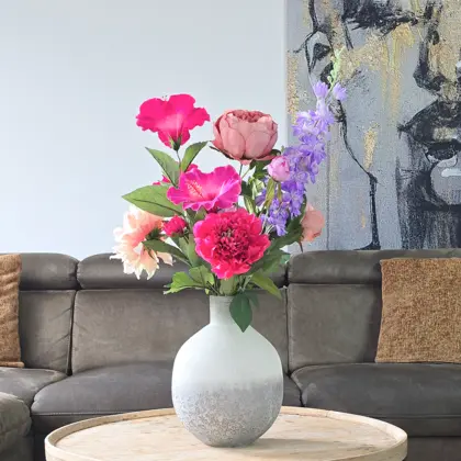 Zijden boeket met paarse, roze en zalmoranje zijden bloemen