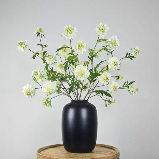 Zijden boeket met witte scabiosa bloemen en groene bladeren in zwarte vaas