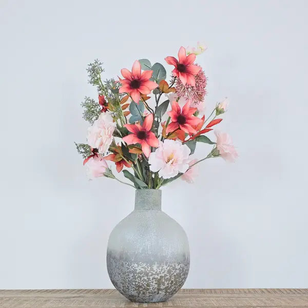 Zijden boeket met roze en oranje bloemen